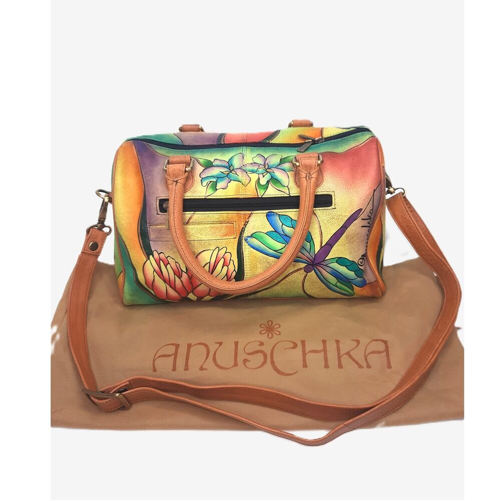 Anna Anuschka Colorful Leather Satchel Dragonfly Glass Painting Zip Around NEW